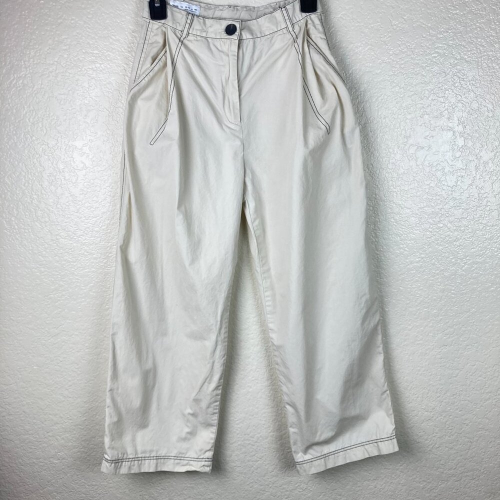 Zara Teens Girls Cropped Straight Pants 13/14 164 Cream Beige Contrast Stitch
